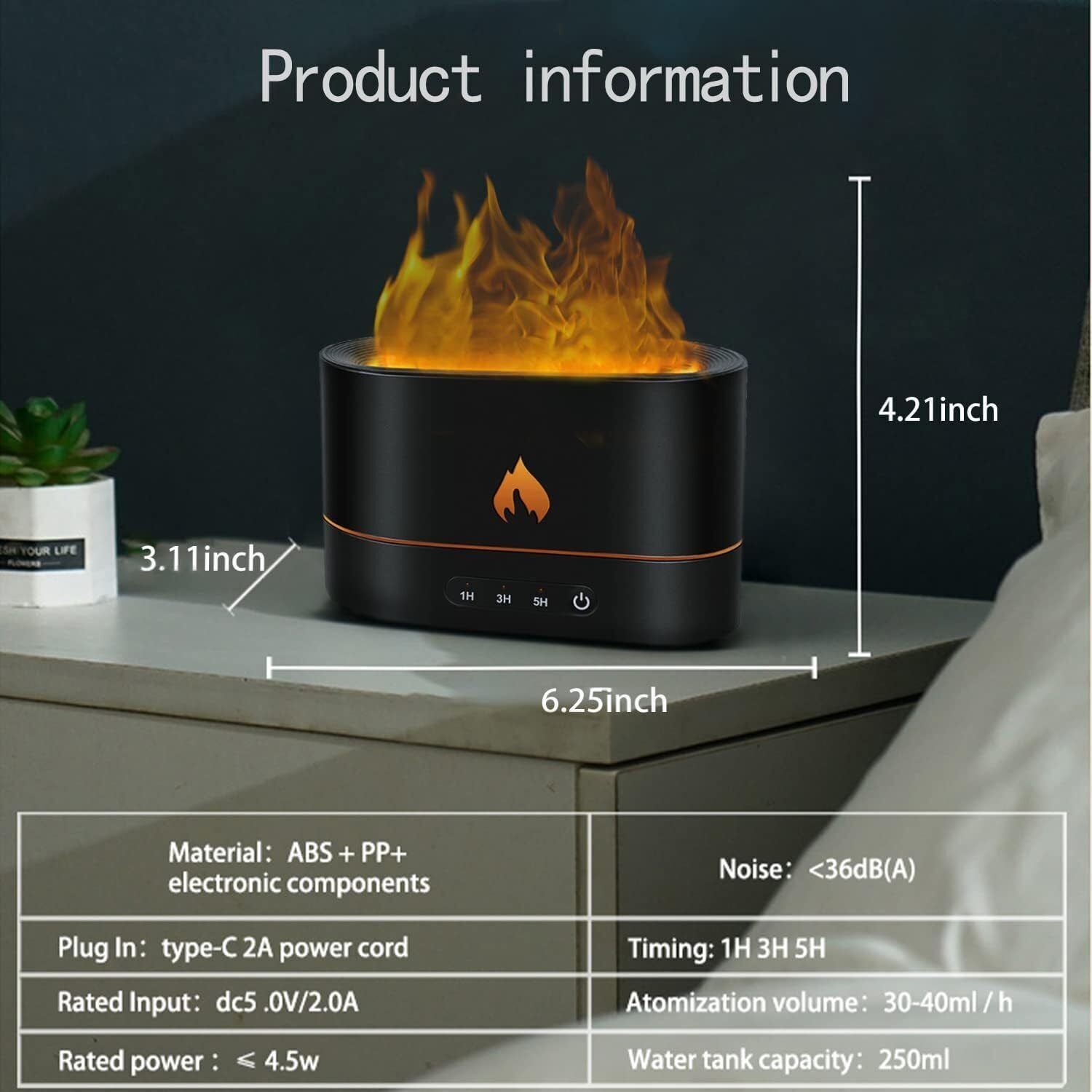 250Ml USB Air Humidifier Essential Oil Aroma Diffuser 3D Flame Mist Home Office