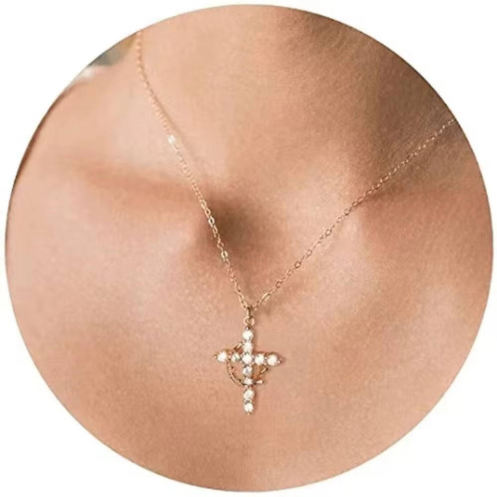 2024 Hot Sale AAAA Cubic Zircon Plated 14K Gold 50Cm Length Men Women Cross Necklace Crown Rotatable Hang Jewelry Drop Shipping